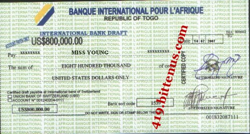 Banque International Pour L'Afrique, US$800,000